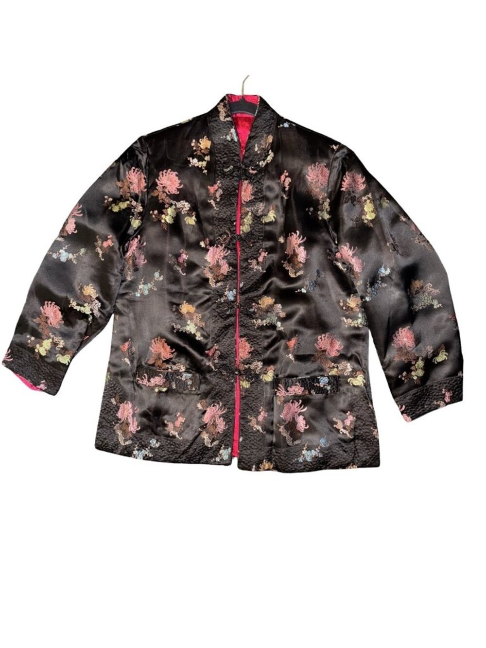 Vtg 1960s XL BPC Reversible Chinese Satin Tang Jacket  Red/Black Floral Brocade